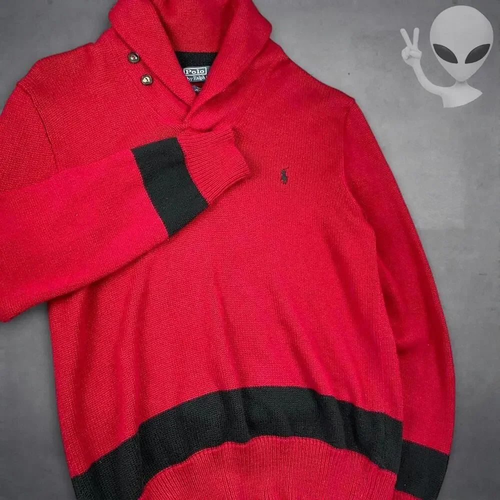 Vintage Polo Ralph Lauren Red Shawl Collar Sweater Black Stripe Medium Preppy - Picture 3 of 8